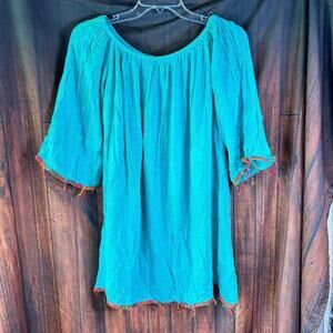 Bella Moda Coverup‎ Blue 3/4 Sleeve Beach Women's Size L Boho Peasant